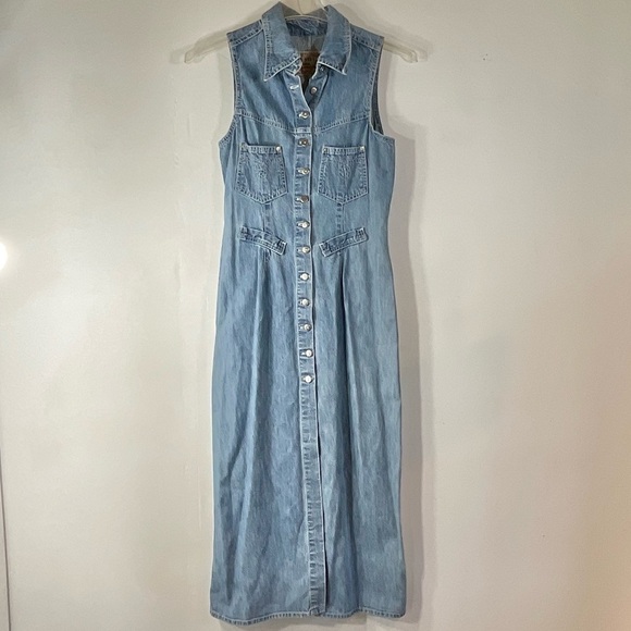 Vintage Denim Sleeveless Maxi Dress Jeans Button Down Fitted Size M - Picture 2 of 12